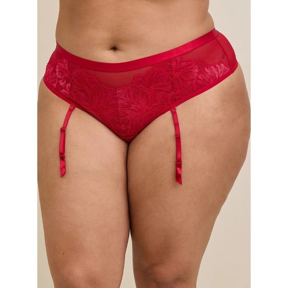 Torrid NWT Sexy Red Shimmer Lace Mid Rise Thong/Garter Belt Medium Valentine's - Picture 1 of 6